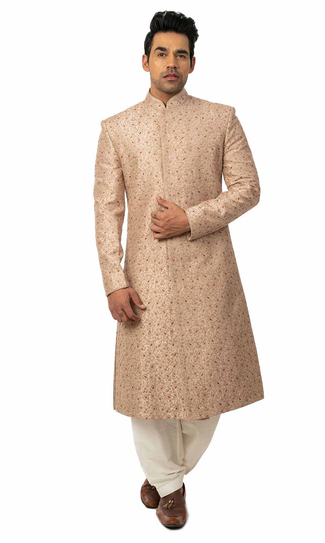 Dusty Pink Coloured Raw Silk Sherwani With Thread Work - Viraaya By Ushnakmals