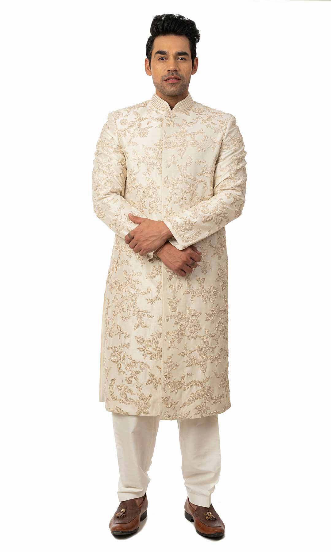 White Raw Silk Sherwani With Resham Work In Floral Pattern - Viraaya By Ushnakmals