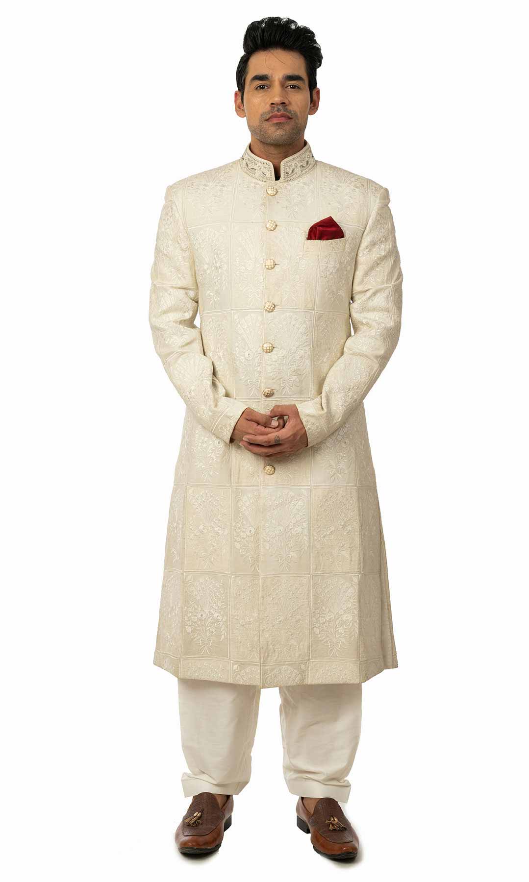 White Raw Silk Sherwani With Self Thread Work - Viraaya By Ushnakmals