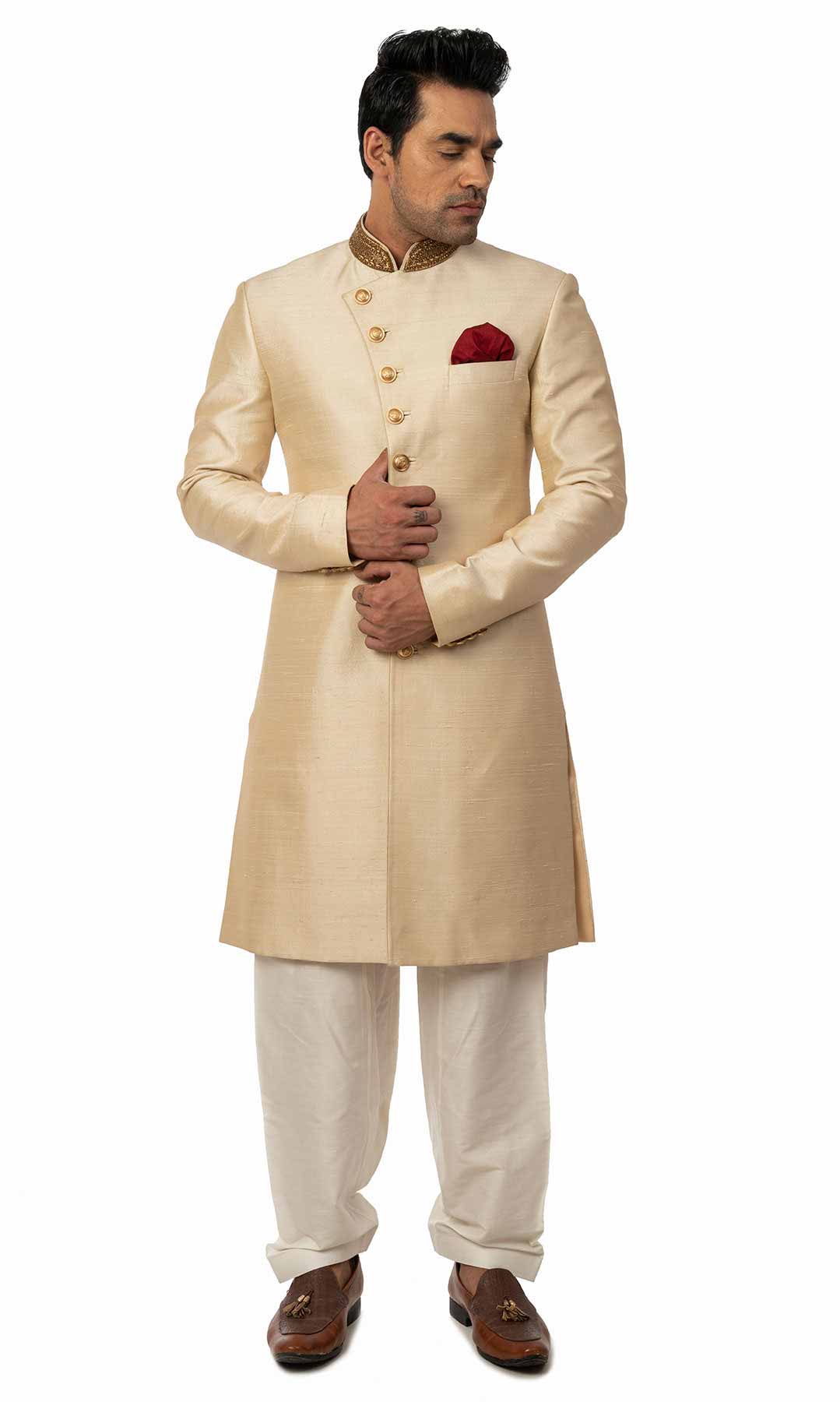 Cream Coloured Angrakha Style Sherwani With Zari Embroidered Collar - Viraaya By Ushnakmals