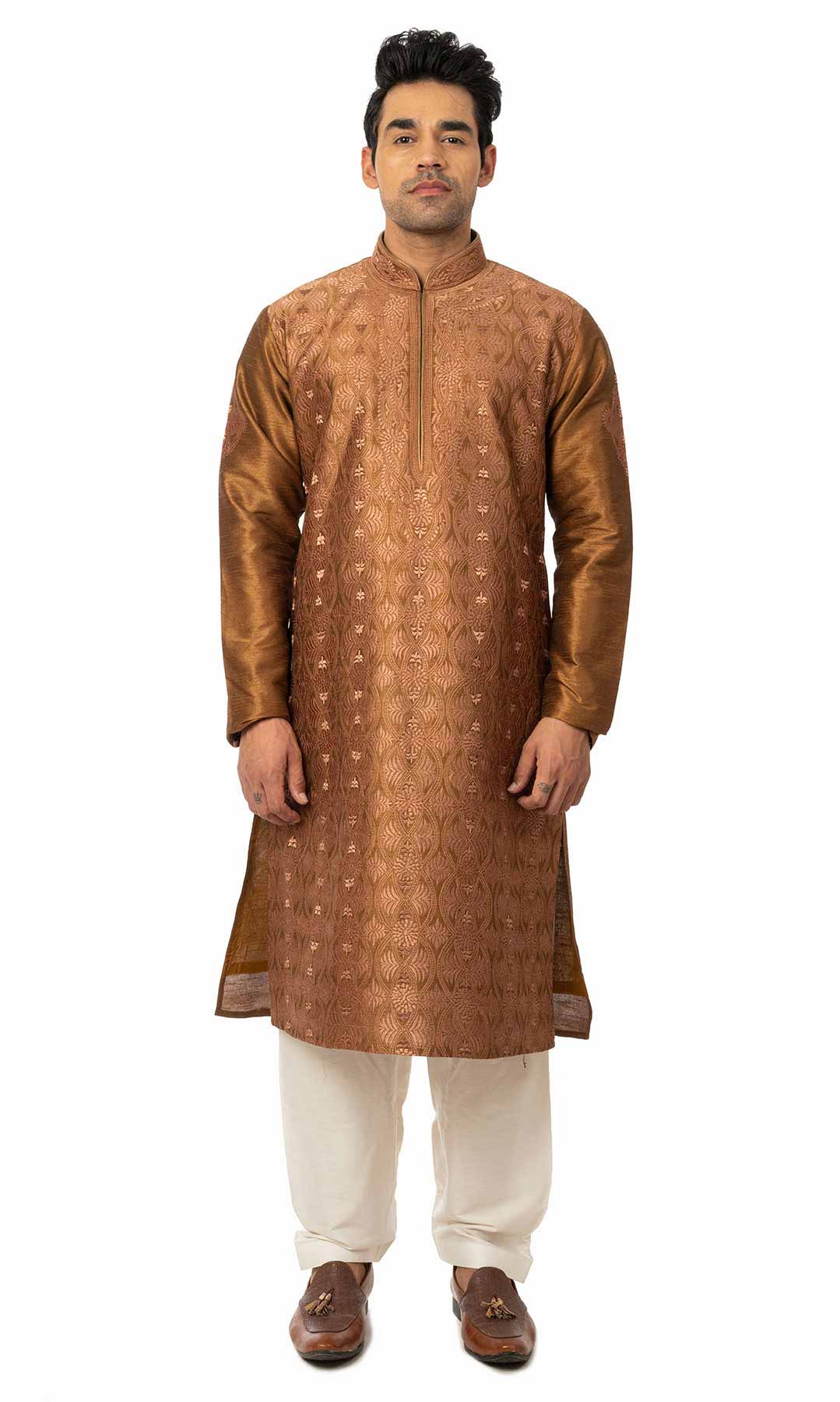 Brown Raw Silk Kurta Set With Thread Work - Viraaya By Ushnakmals