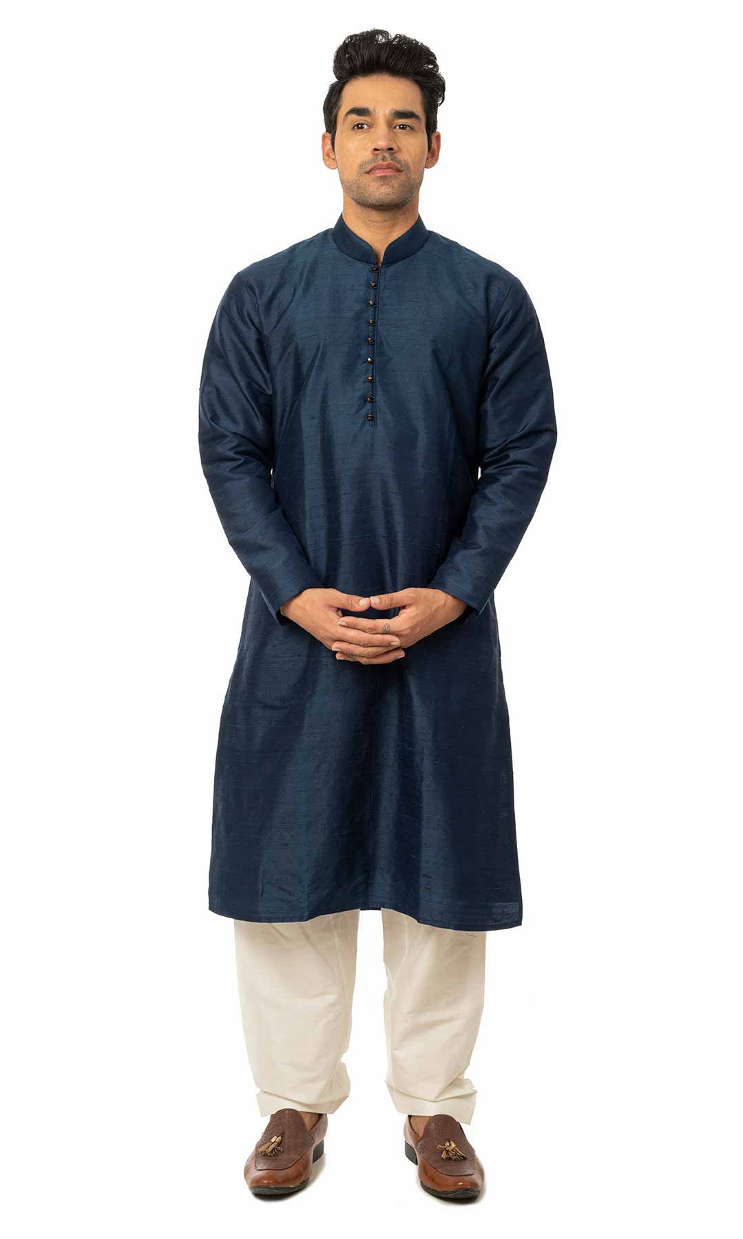 Navy Blue Raw  Silk Kurta Set - Viraaya By Ushnakmals