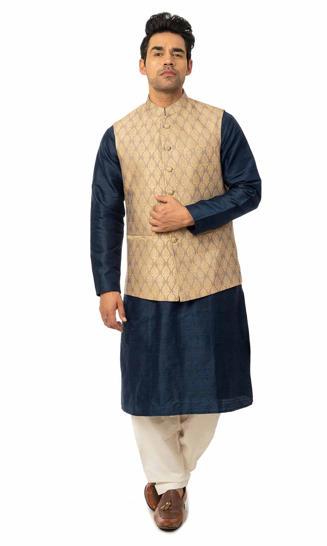 Navy Blue Raw  Silk Kurta Set With Banarasi Jacquard Jacket - Viraaya By Ushnakmals