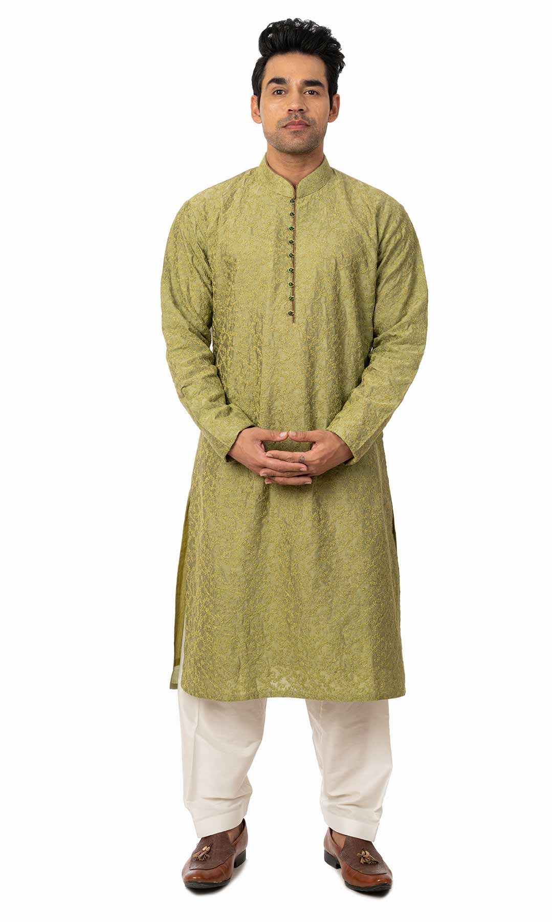 Olive Green Raw Silk Kurta With Dori Work - Viraaya By Ushnakmals