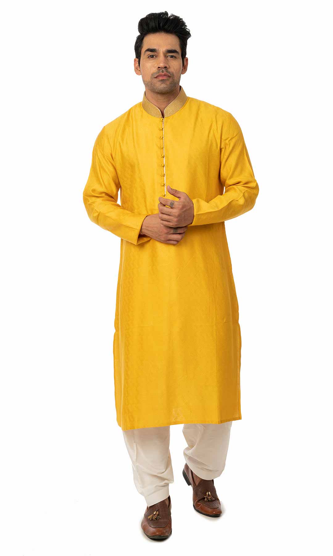 Mustard Banarasi Jacquard Kurta Set - Viraaya By Ushnakmals