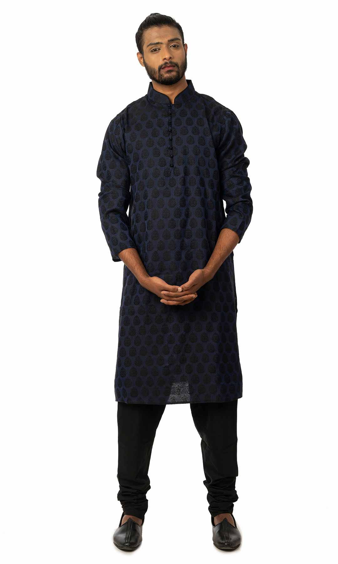 Navy Blue Jacquard Kurta Set  – Viraaya By Ushnakmals