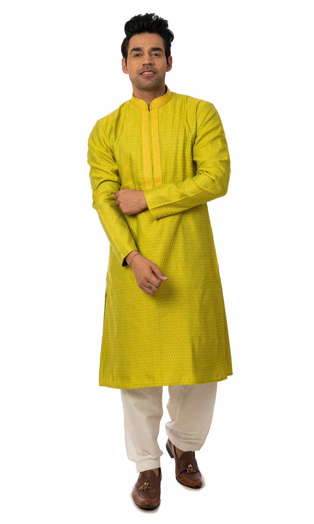Yellowish Green Jacquard Kurta Set  – Viraaya By Ushnakmals