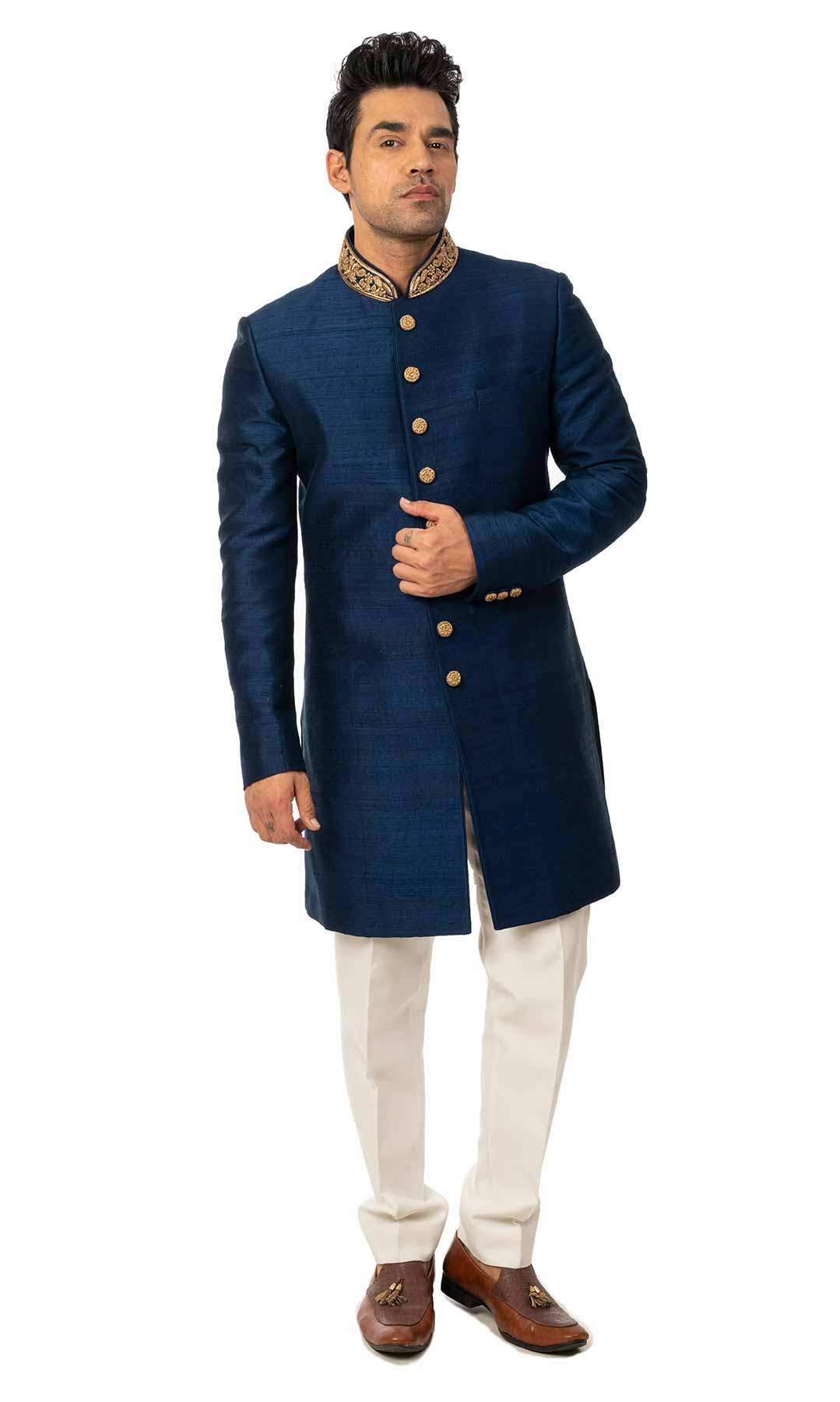 Royal Blue Raw Silk Indo Western Set With Zari Work  – Viraaya By Ushnakmals