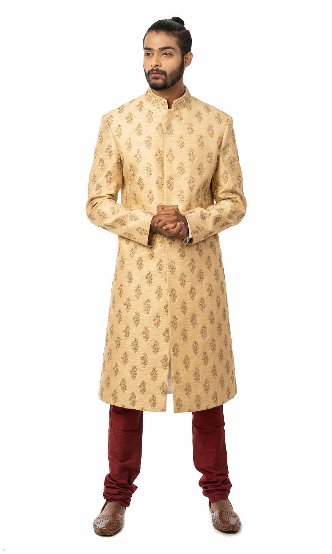 Golden Beige Jacquard Silk Sherwani With Dori Work - Viraaya By Ushnakmals