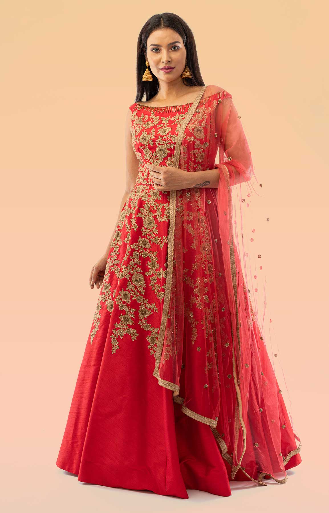 Tomato Red Raw Silk Gown With Dori And Sequin Work – Viraaya By Ushnakmals