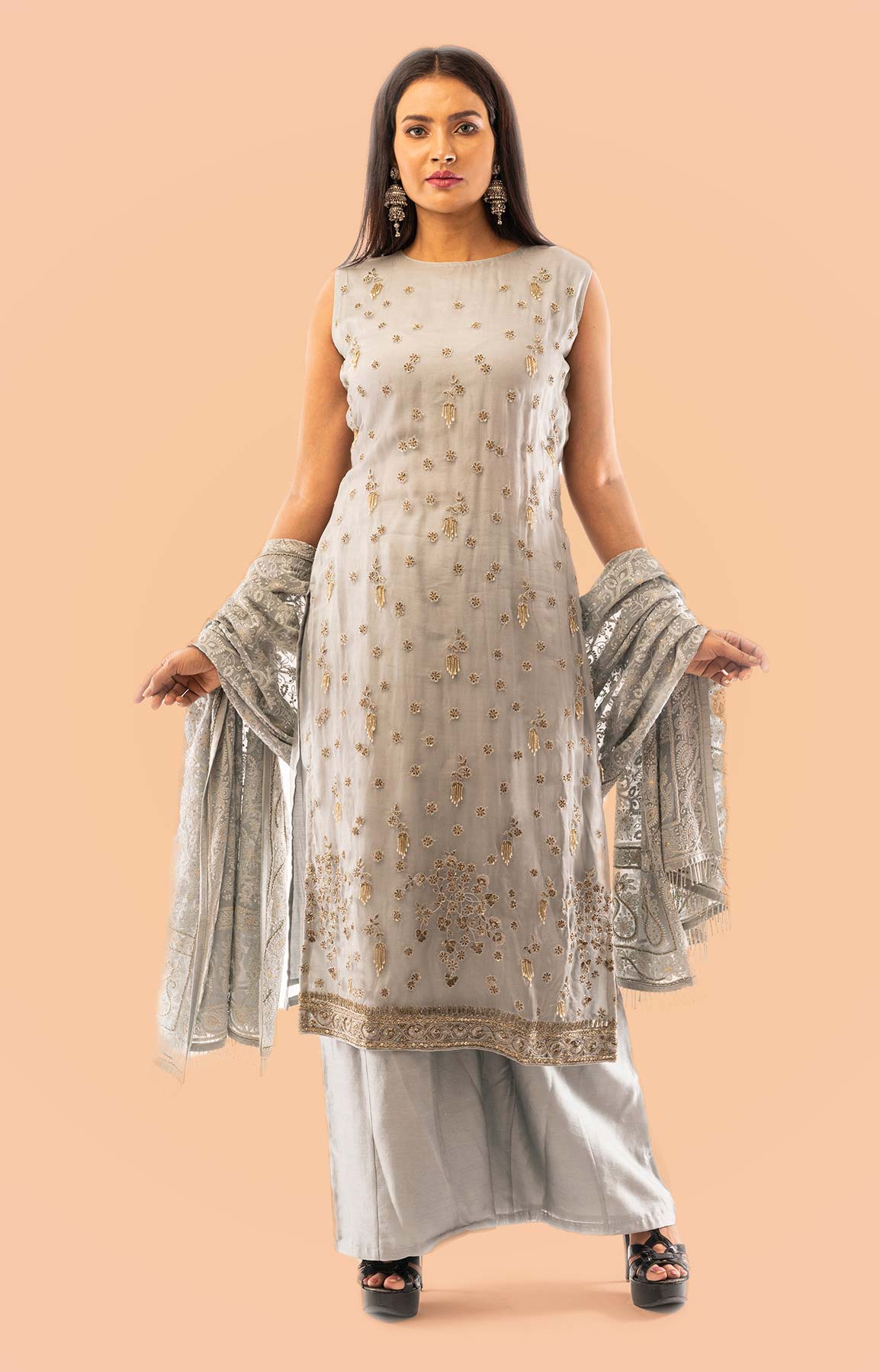 Silver Grey Organza Kurta With Chanderi Palazzo With Thread Embroidered Dupatta – Viraaya By Ushnakmals