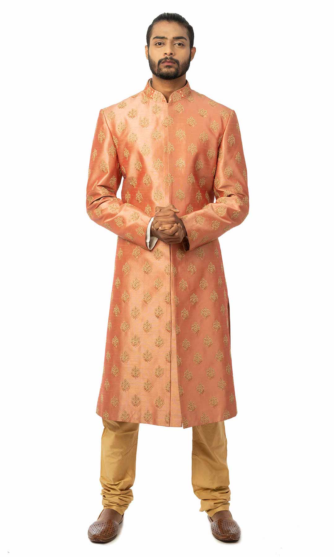 Peach And Golden Raw Silk Sherwani With Dori Work - Viraaya By Ushnakmals