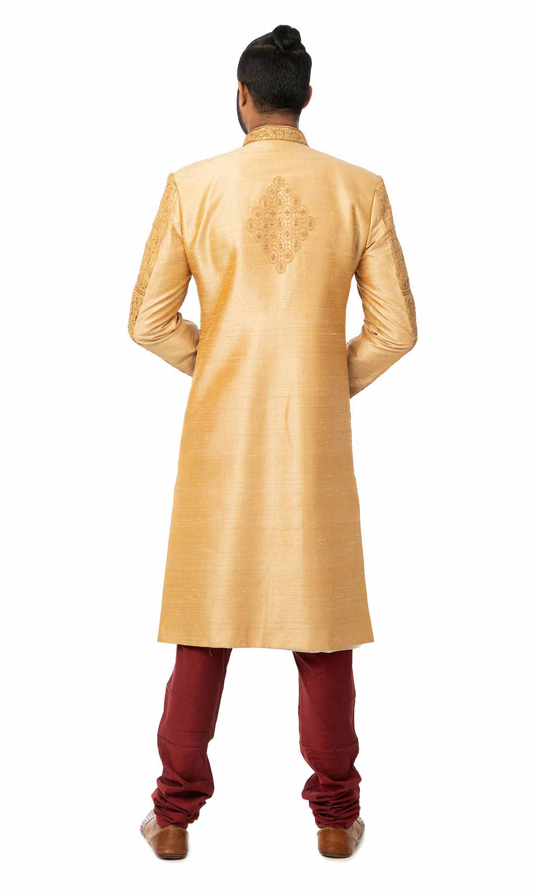 Golden Beige Raw Silk Hand Embroidered Sherwani - Viraaya By Ushnakmals