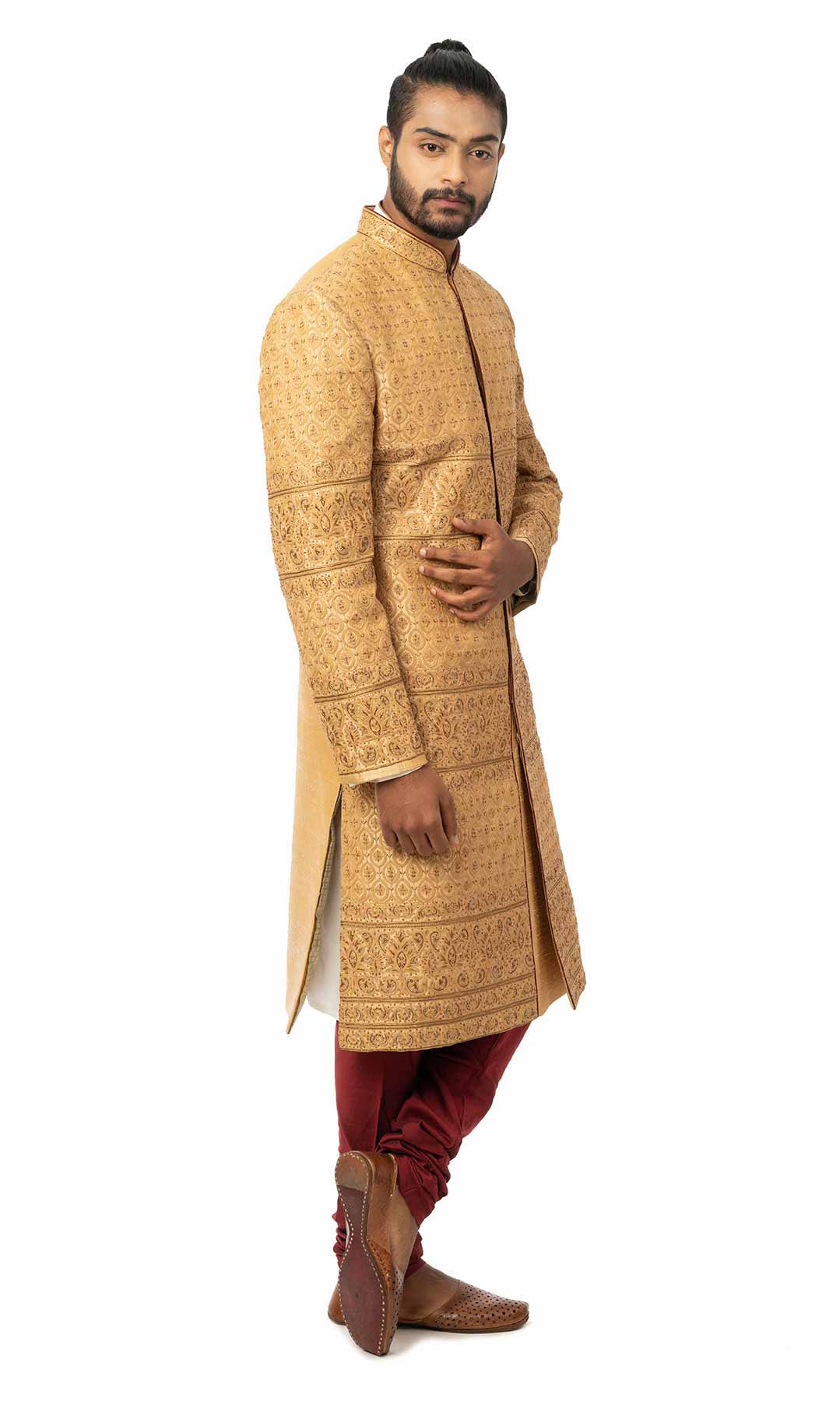 Golden Beige Raw Silk Hand Embroidered Sherwani - Viraaya By Ushnakmals