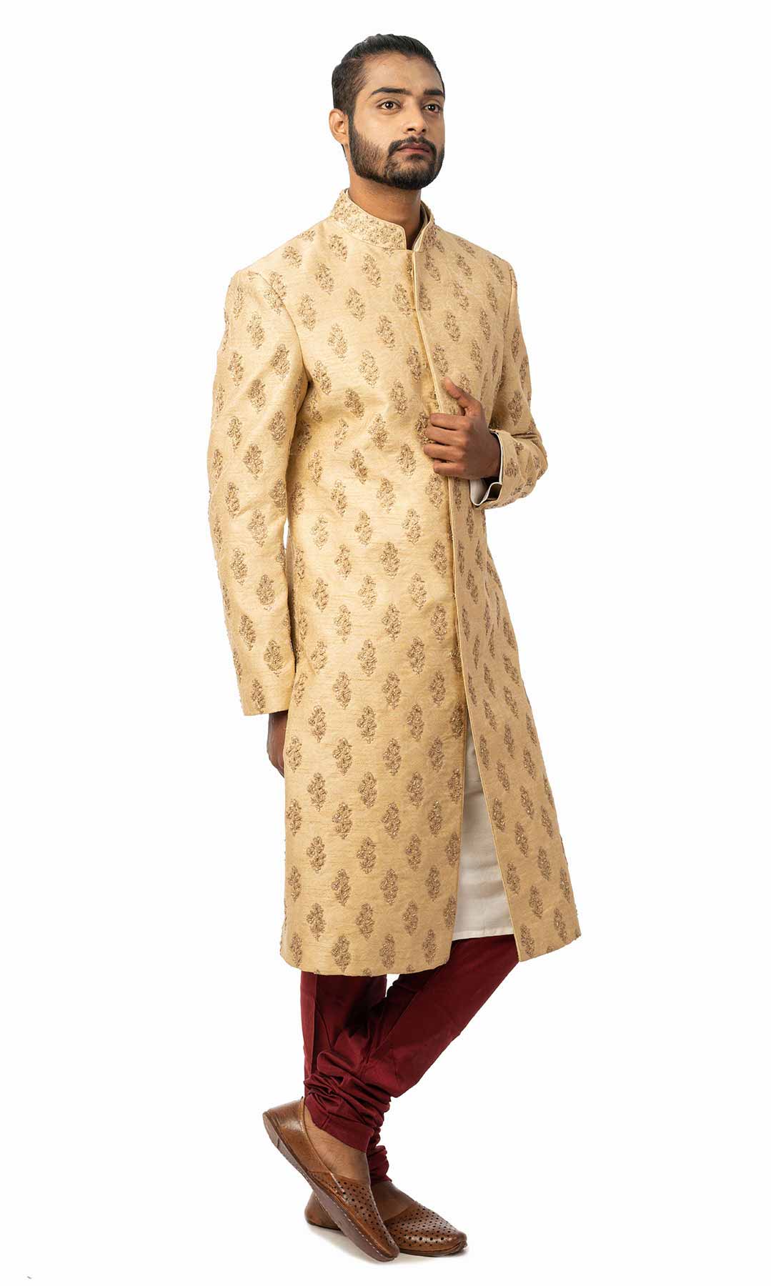 Golden Beige Jacquard Silk Sherwani With Dori Work - Viraaya By Ushnakmals
