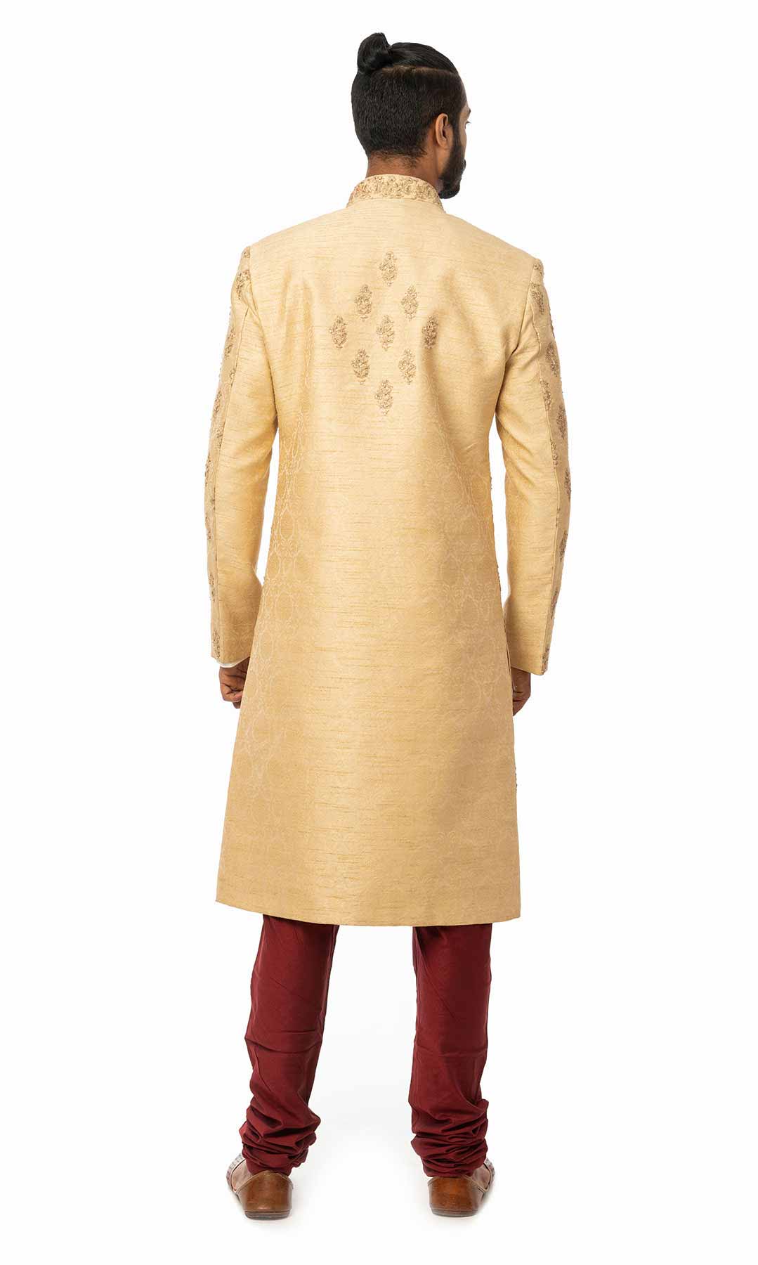 Golden Beige Jacquard Silk Sherwani With Dori Work - Viraaya By Ushnakmals