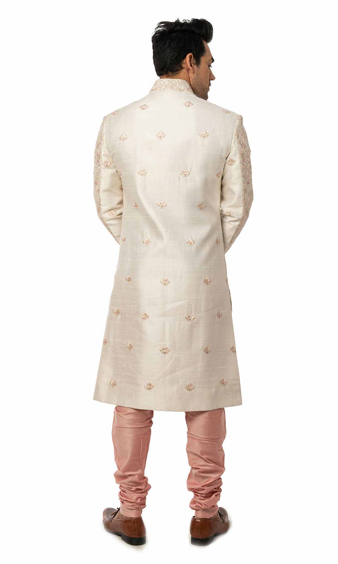 White And Peach Raw Silk Floral Hand Embroidered  Resham Work - Viraaya By Ushnakmals