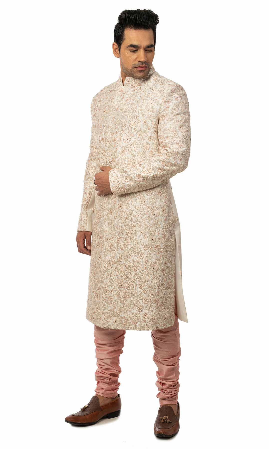 White And Peach Raw Silk Floral Hand Embroidered  Resham Work - Viraaya By Ushnakmals