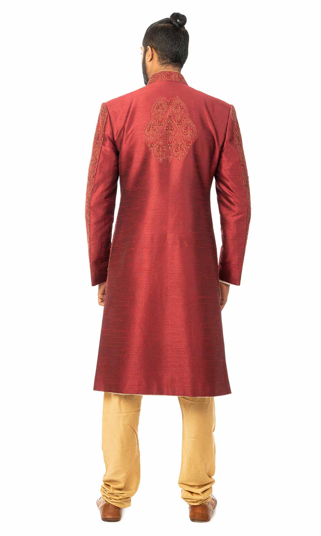Maroon Raw Silk Sherwani With Matching Thread Work And Dabka Work - Viraaya By Ushnakmals
