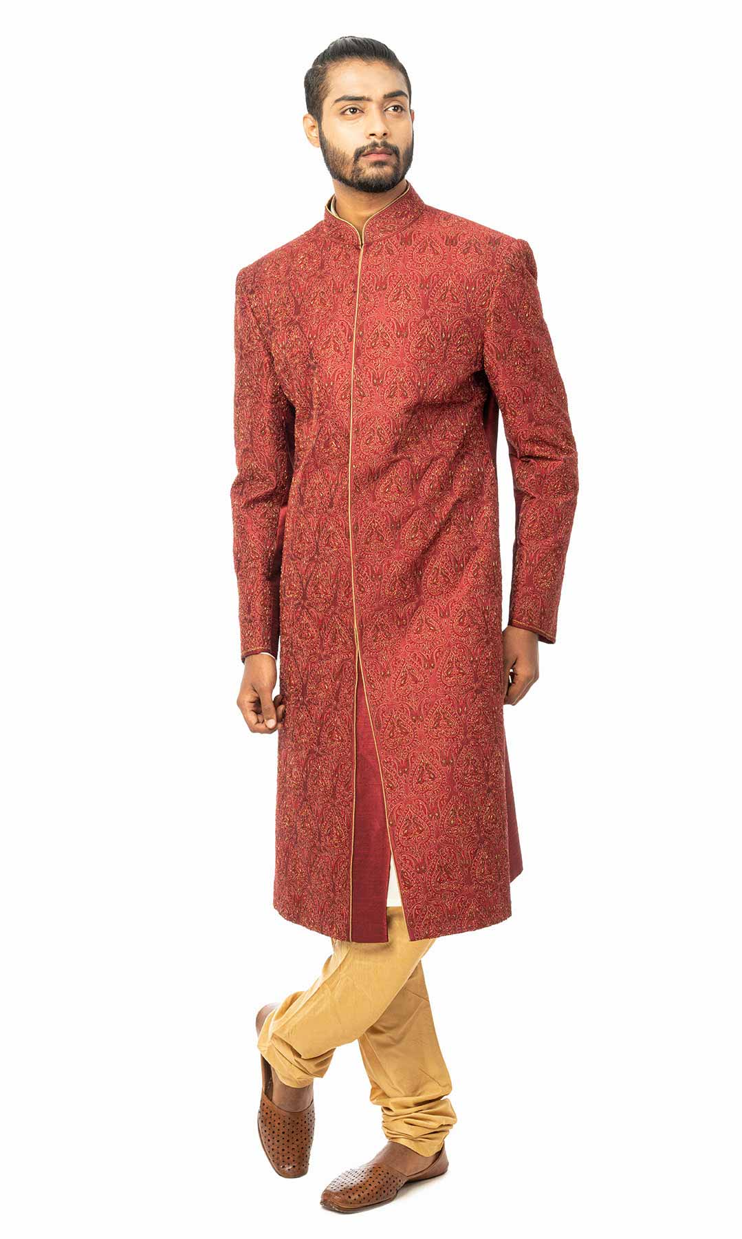 Maroon Raw Silk Sherwani With Matching Thread Work And Dabka Work - Viraaya By Ushnakmals