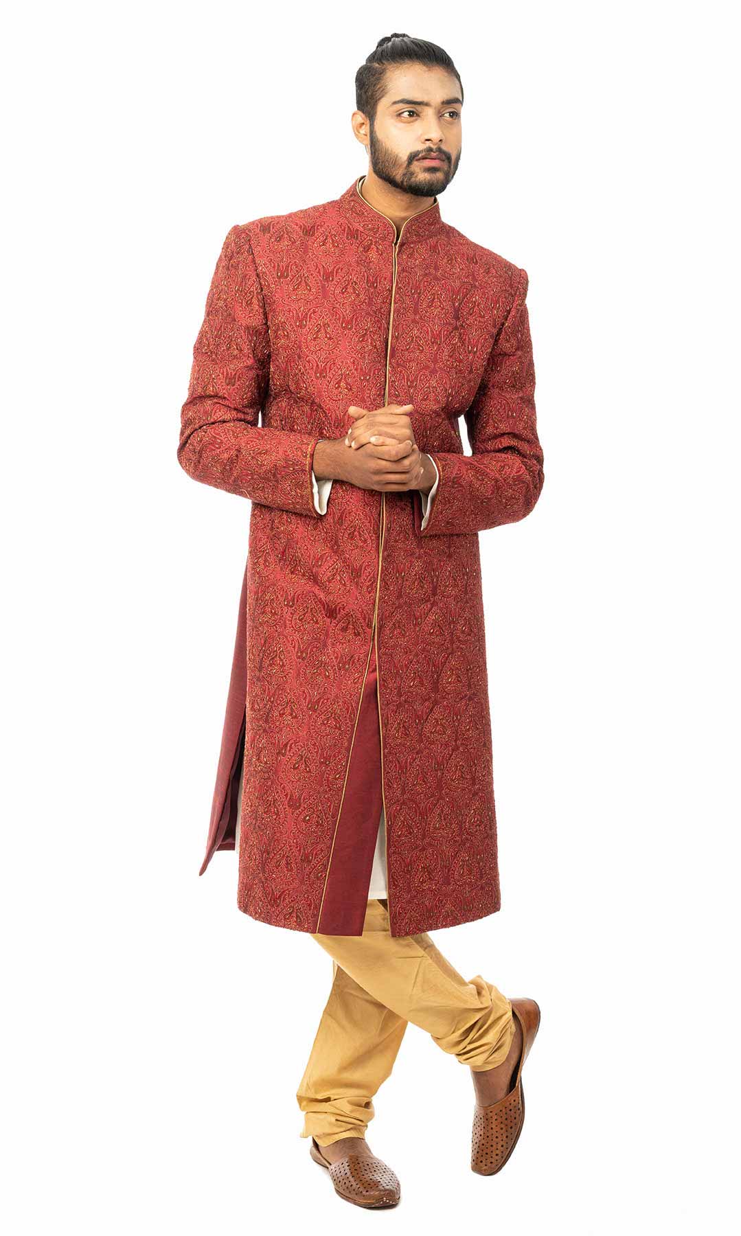 Maroon Raw Silk Sherwani With Matching Thread Work And Dabka Work - Viraaya By Ushnakmals