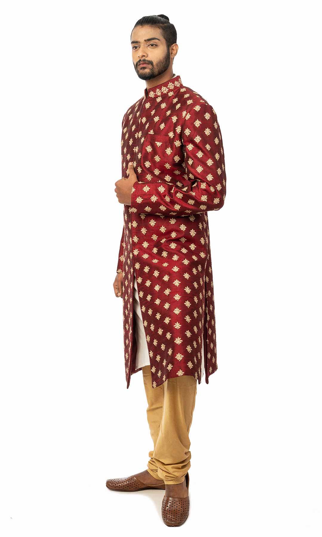 Maroon Resham Work Raw Silk Sherwani With Golden Beige Churidar - Viraaya By Ushnakmals