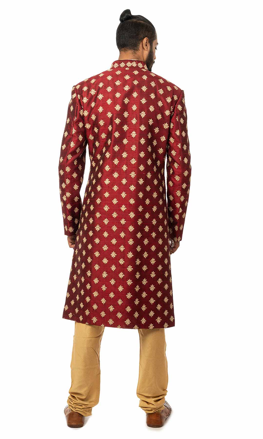 Maroon Resham Work Raw Silk Sherwani With Golden Beige Churidar - Viraaya By Ushnakmals