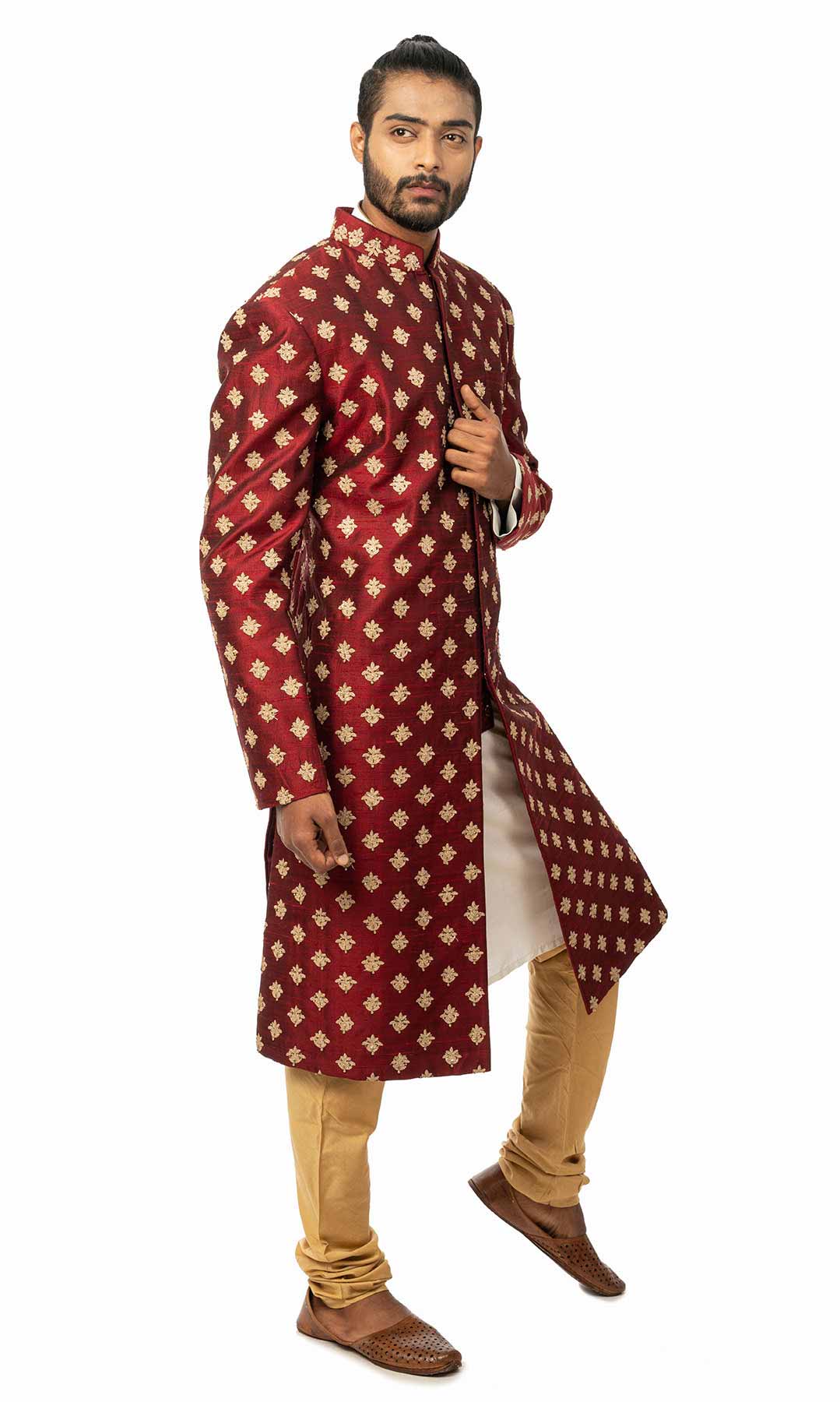 Maroon Resham Work Raw Silk Sherwani With Golden Beige Churidar - Viraaya By Ushnakmals