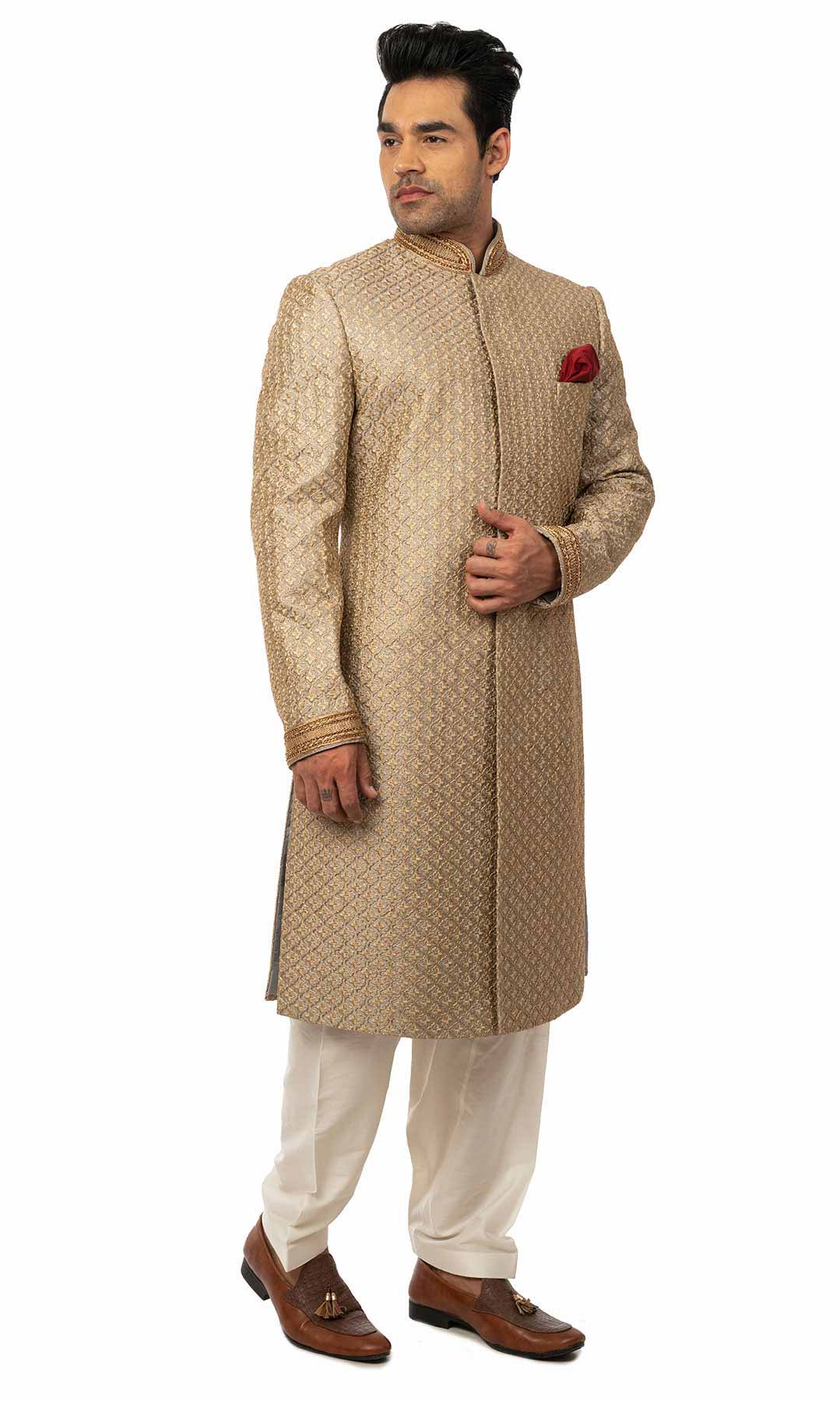 Grey Raw Silk Zari Embroidered Sherwani Complemented With Maroon Pocket Square - Viraaya By Ushnakmals
