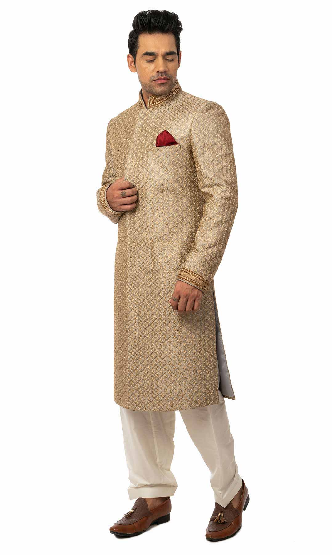 Grey Raw Silk Zari Embroidered Sherwani Complemented With Maroon Pocket Square - Viraaya By Ushnakmals