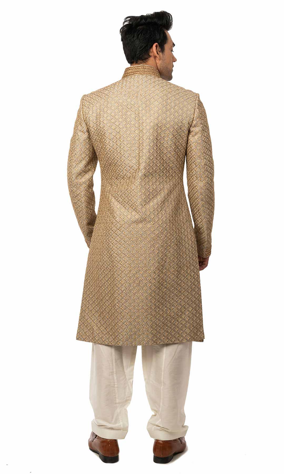 Grey Raw Silk Zari Embroidered Sherwani Complemented With Maroon Pocket Square - Viraaya By Ushnakmals