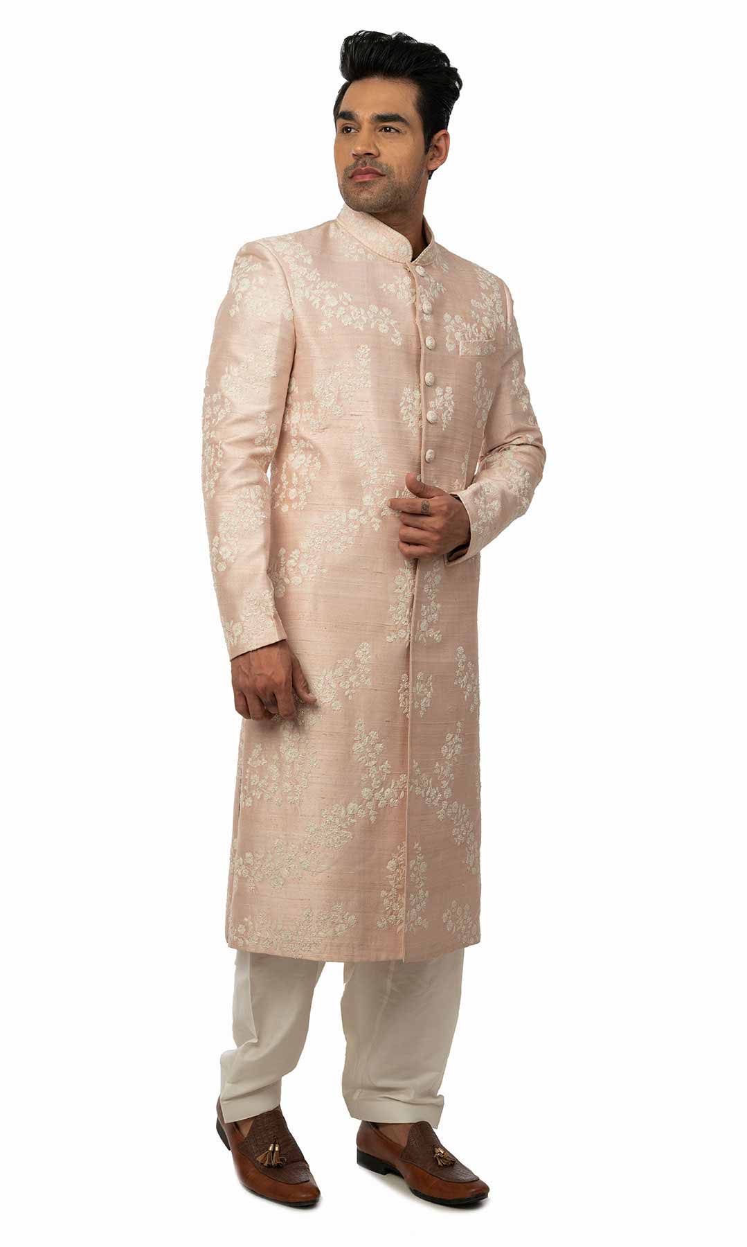 Baby Pink Raw Silk Sherwani With White Resham Work - Viraaya By Ushnakmals