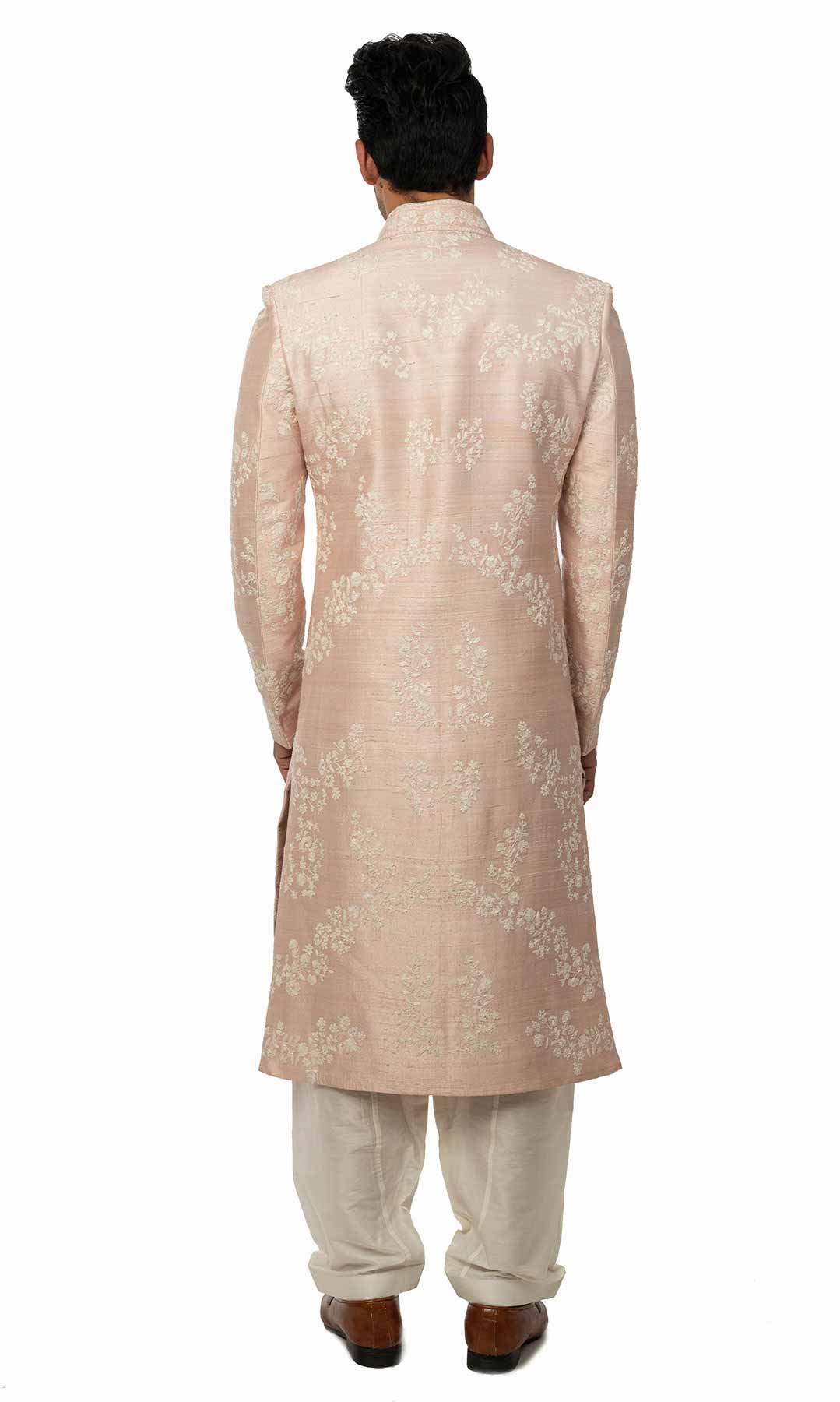 Baby Pink Raw Silk Sherwani With White Resham Work - Viraaya By Ushnakmals