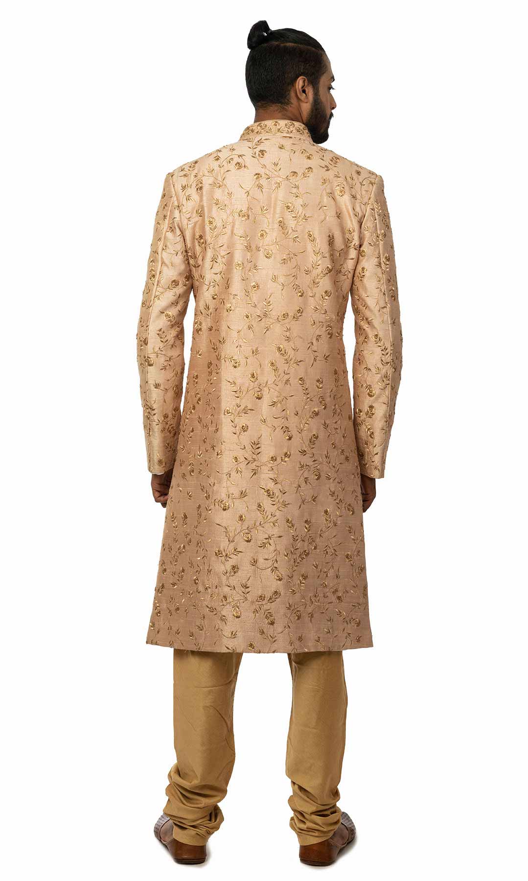 Rosegold Angrakha Style Sherwani With Zari Work - Viraaya By Ushnakmals 