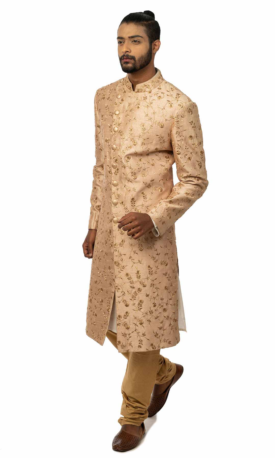 Rosegold Angrakha Style Sherwani With Zari Work - Viraaya By Ushnakmals 