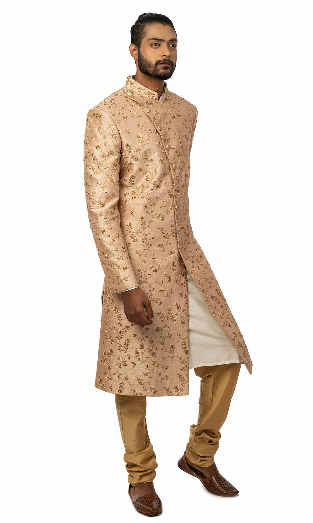 Rosegold Angrakha Style Sherwani With Zari Work - Viraaya By Ushnakmals 