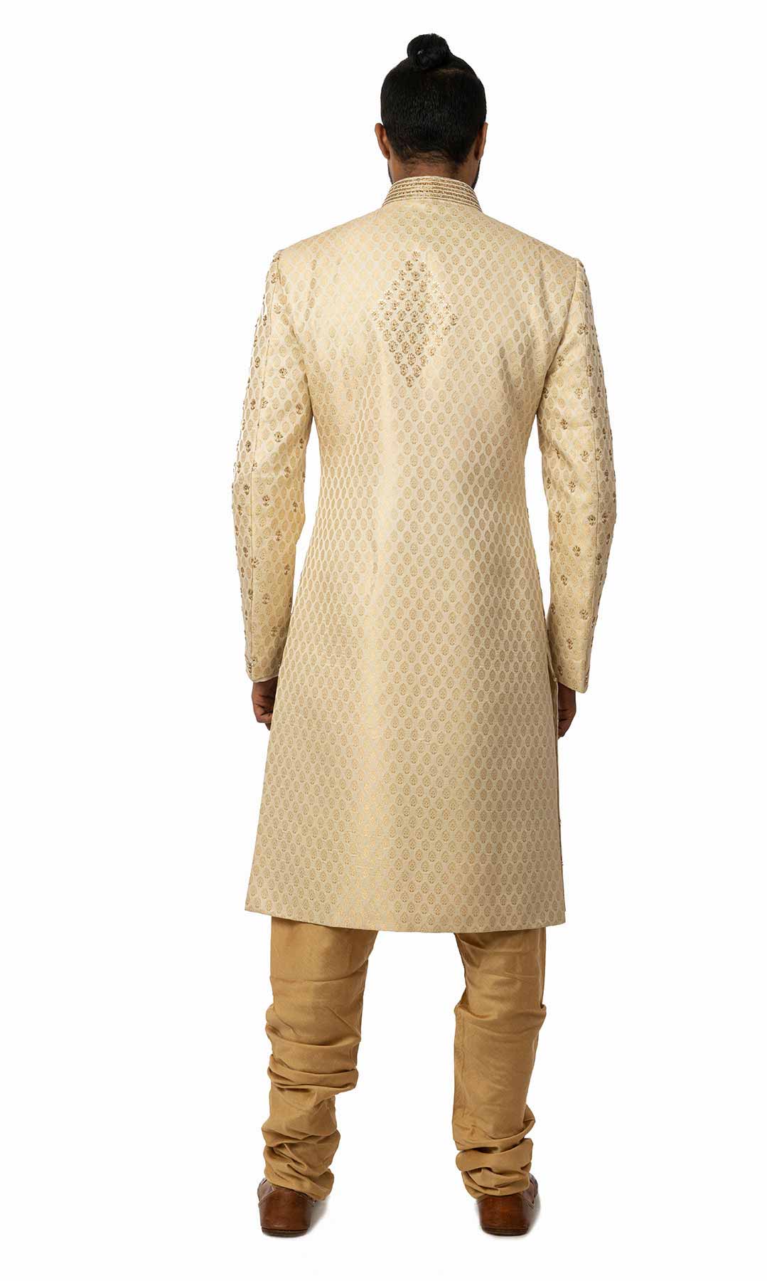 Cream Coloured Angrakha Style Brocade Sherwani With Handwork - Viraaya By Ushnakmals