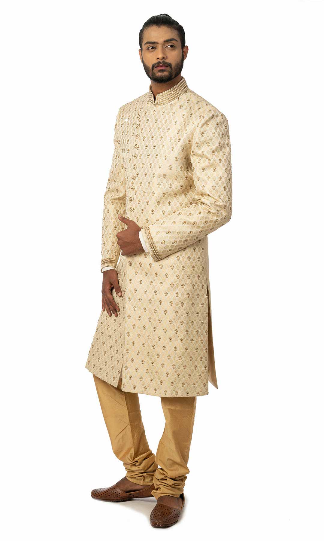 Cream Coloured Angrakha Style Brocade Sherwani With Handwork - Viraaya By Ushnakmals