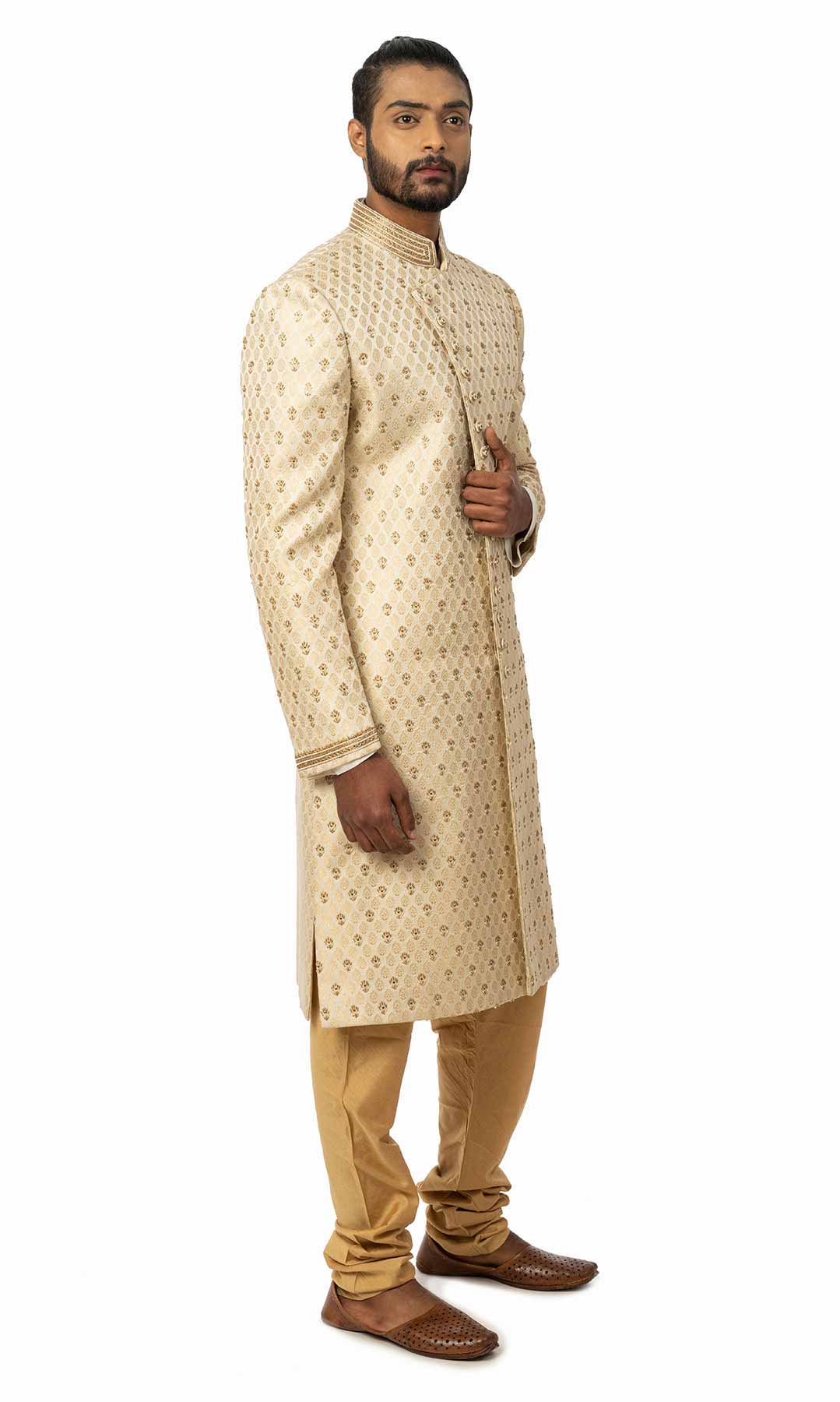 Cream Coloured Angrakha Style Brocade Sherwani With Handwork - Viraaya By Ushnakmals