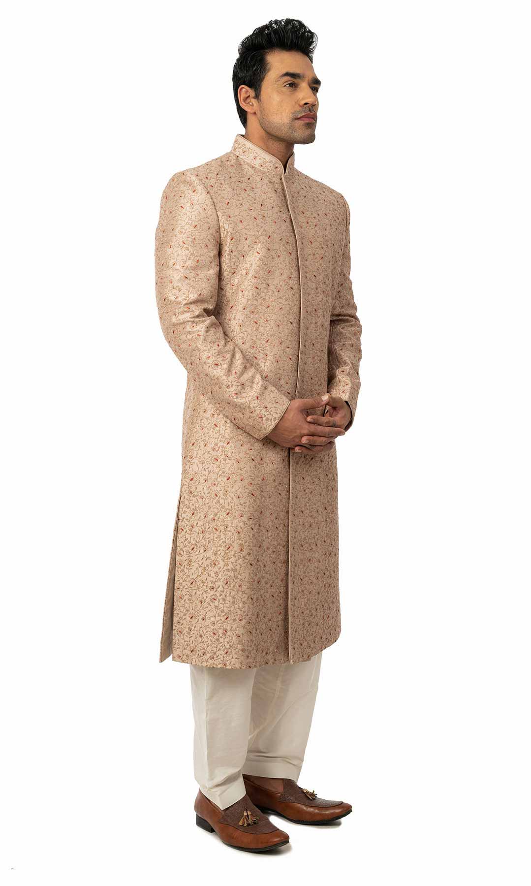 Dusty Pink Coloured Raw Silk Sherwani With Thread Work - Viraaya By Ushnakmals