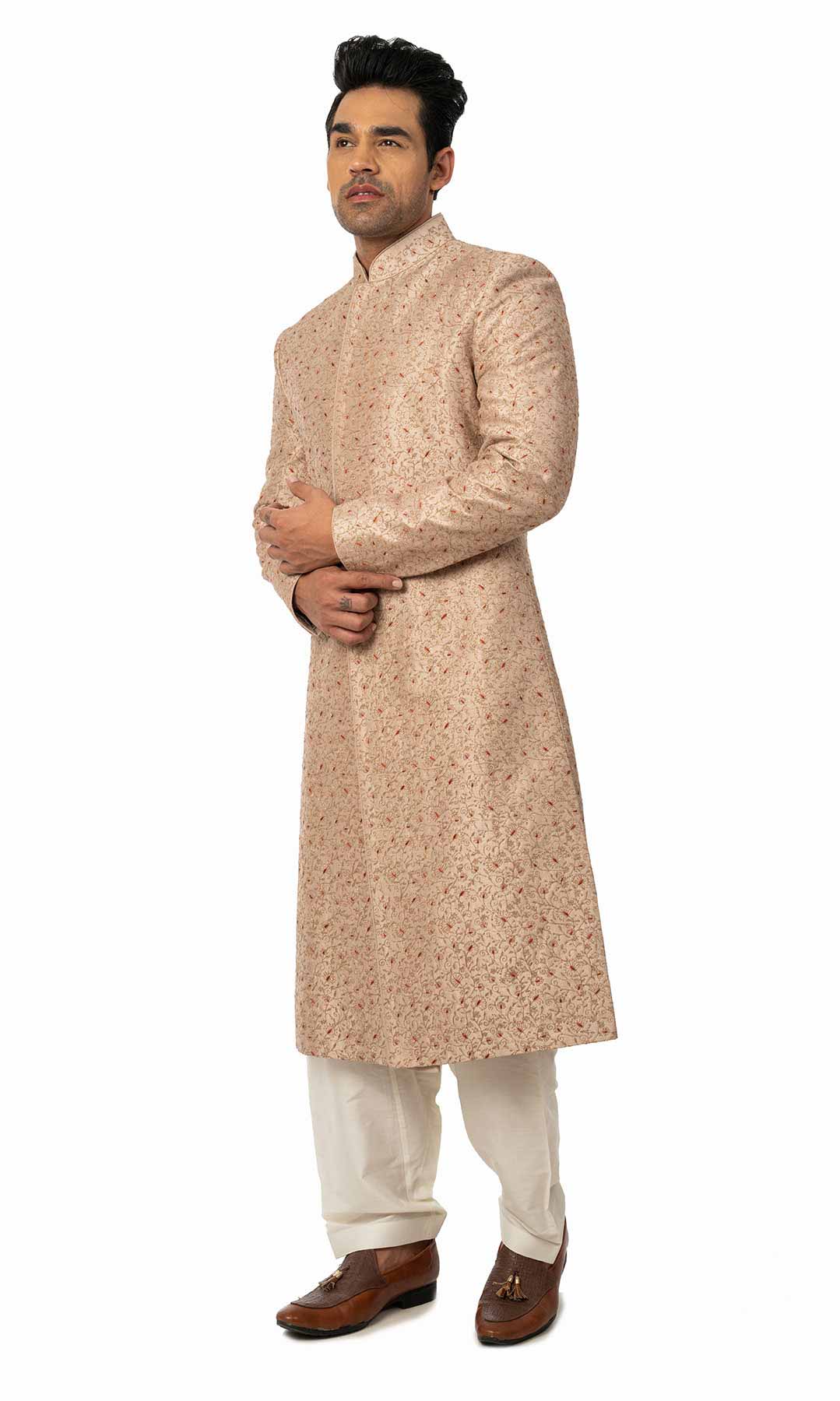 Dusty Pink Coloured Raw Silk Sherwani With Thread Work - Viraaya By Ushnakmals