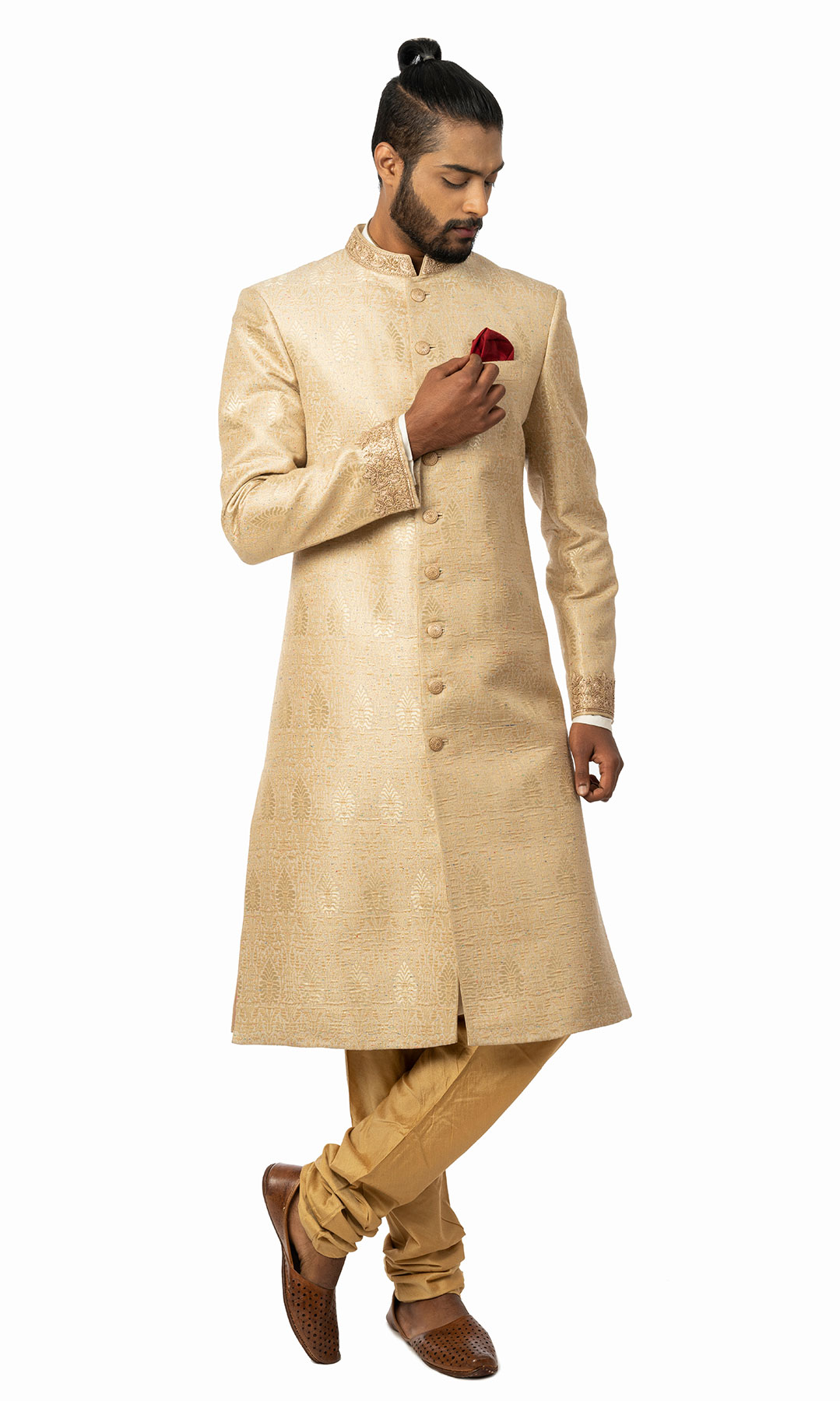 Golden Beige Raw Silk Sherwani Adorned With Thread Work Motifs - Viraaya By Ushnakmals