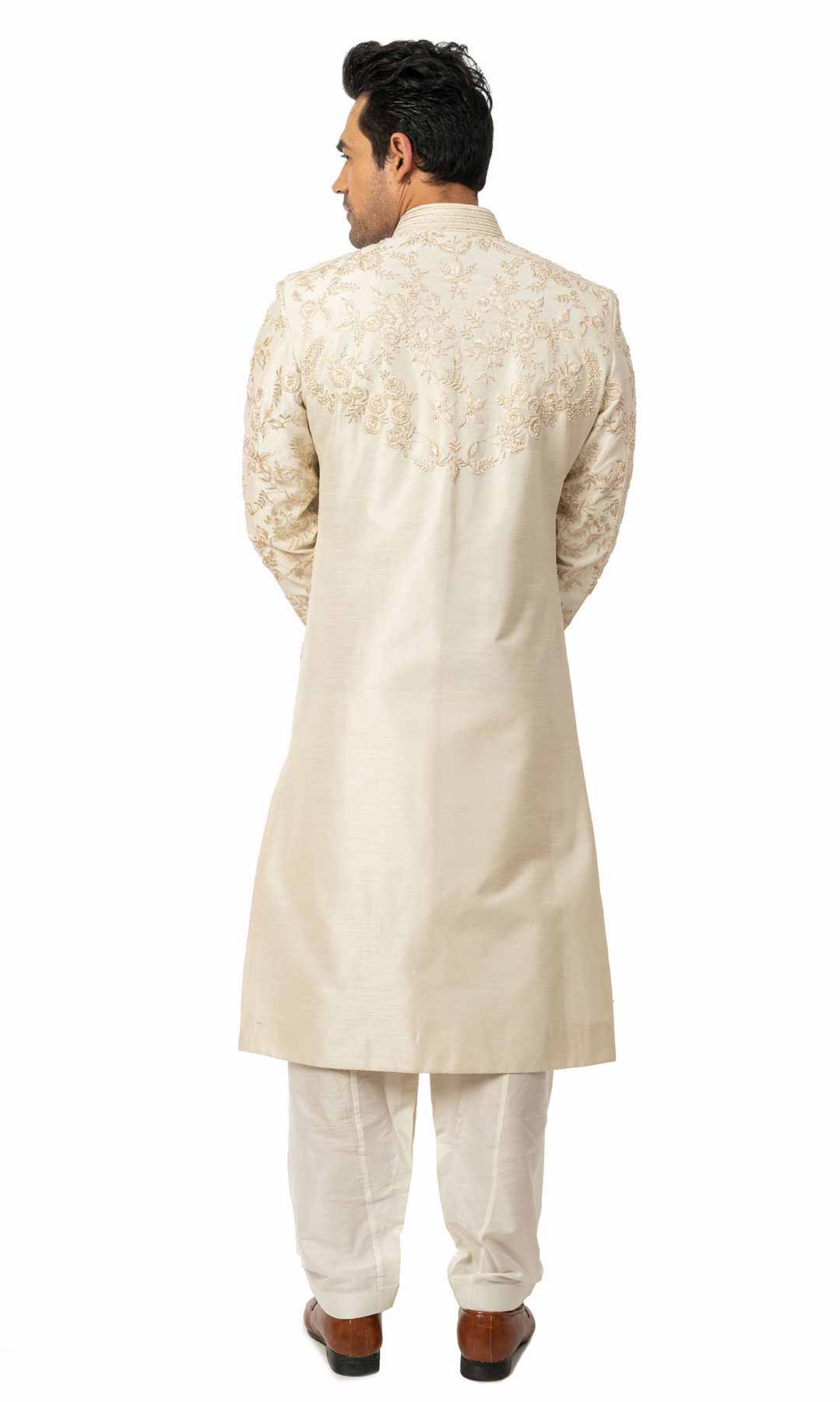 White Raw Silk Sherwani With Resham Work In Floral Pattern - Viraaya By Ushnakmals