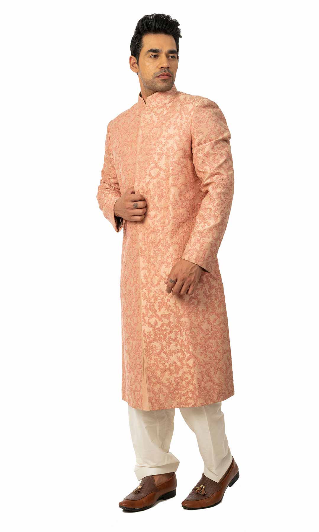 Coral Pink Raw Silk Sherwani With All Over Thread Work - Viraaya By Ushnakmals