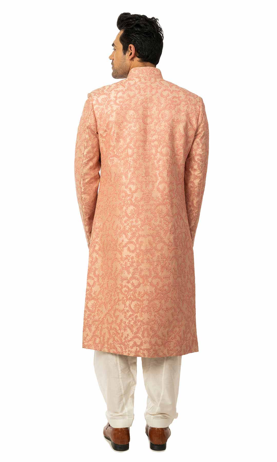 Coral Pink Raw Silk Sherwani With All Over Thread Work - Viraaya By Ushnakmals