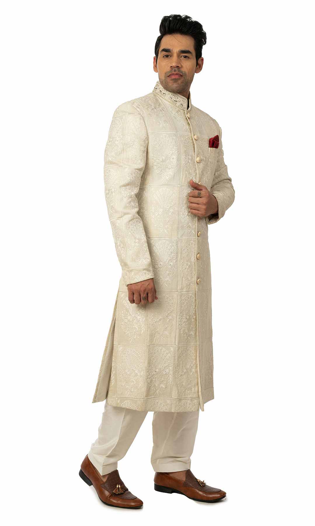 White Raw Silk Sherwani With Self Thread Work - Viraaya By Ushnakmals