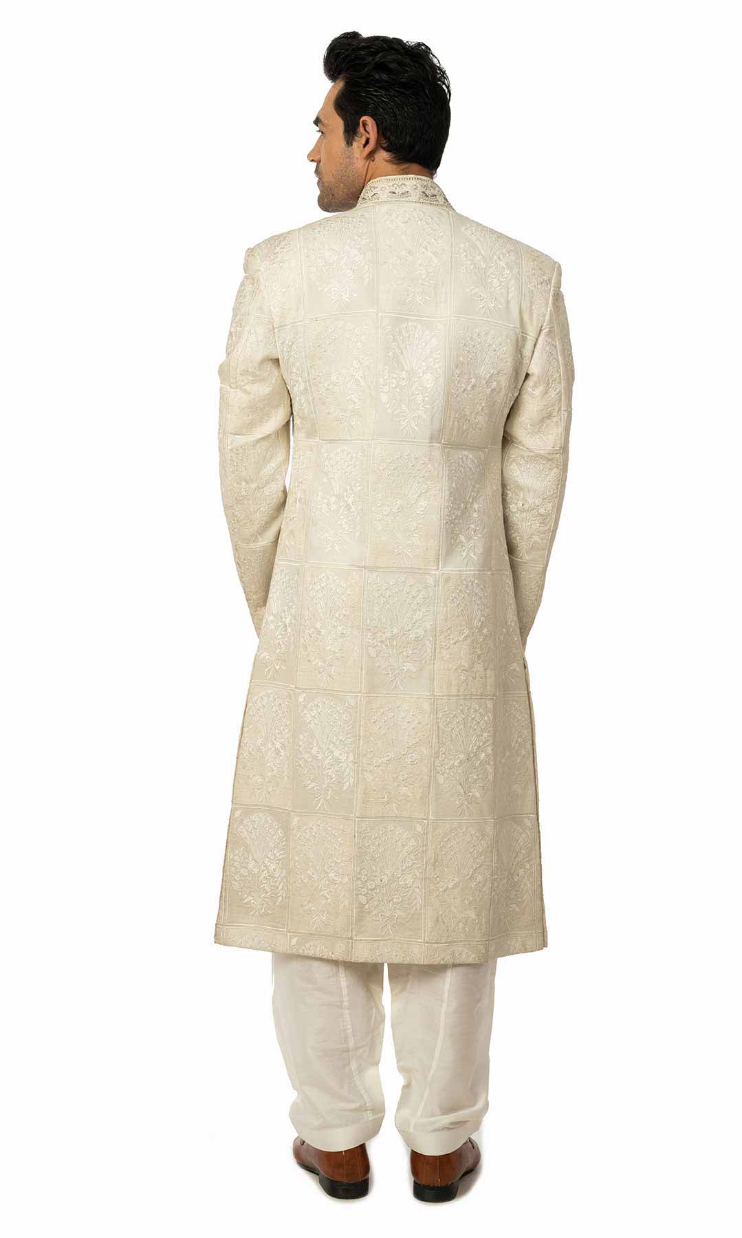 White Raw Silk Sherwani With Self Thread Work - Viraaya By Ushnakmals