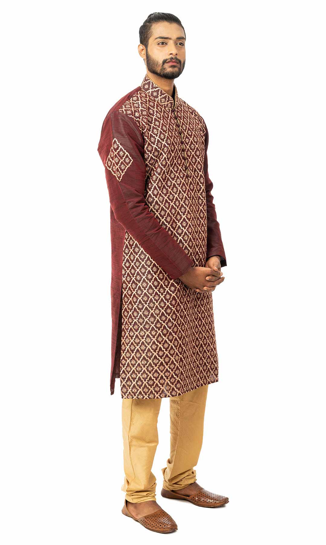 Wine Colour Raw Silk Kurta Set With Checker Pattern - Viraaya By Ushnakmals