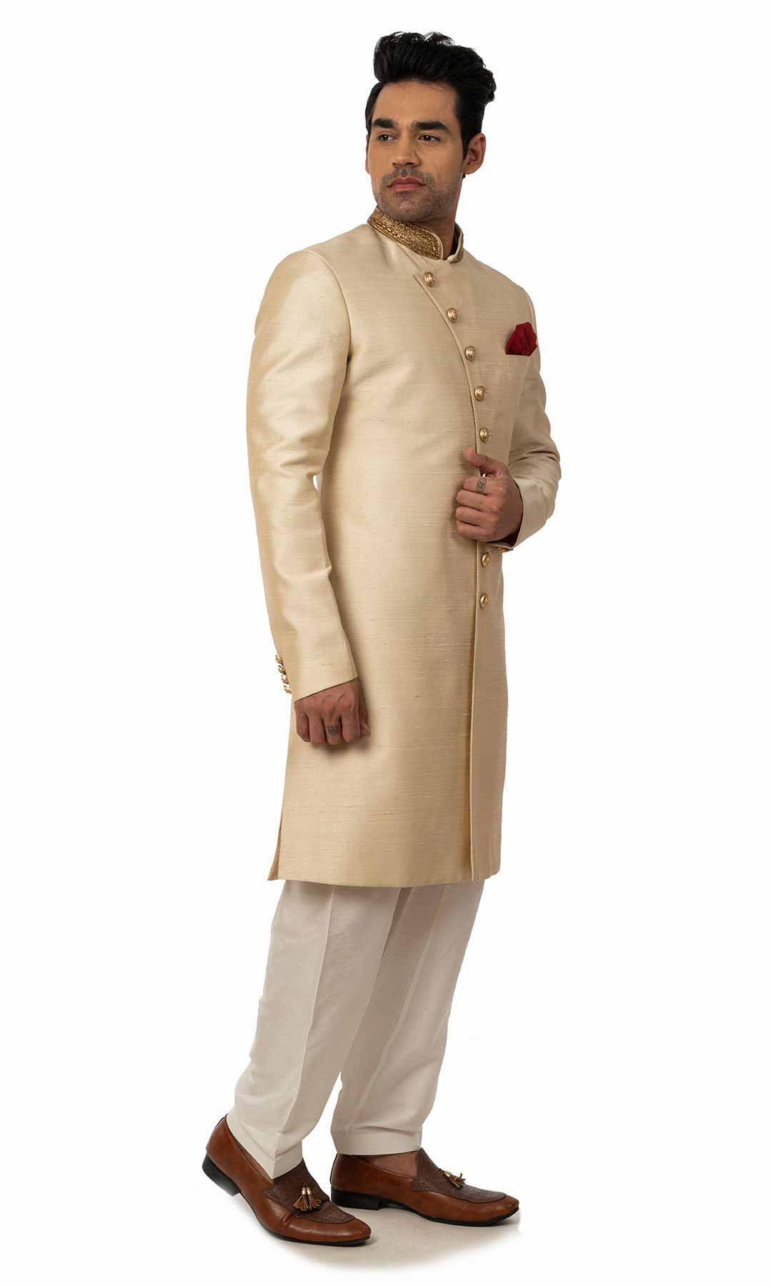 Cream Coloured Angrakha Style Sherwani With Zari Embroidered Collar - Viraaya By Ushnakmals