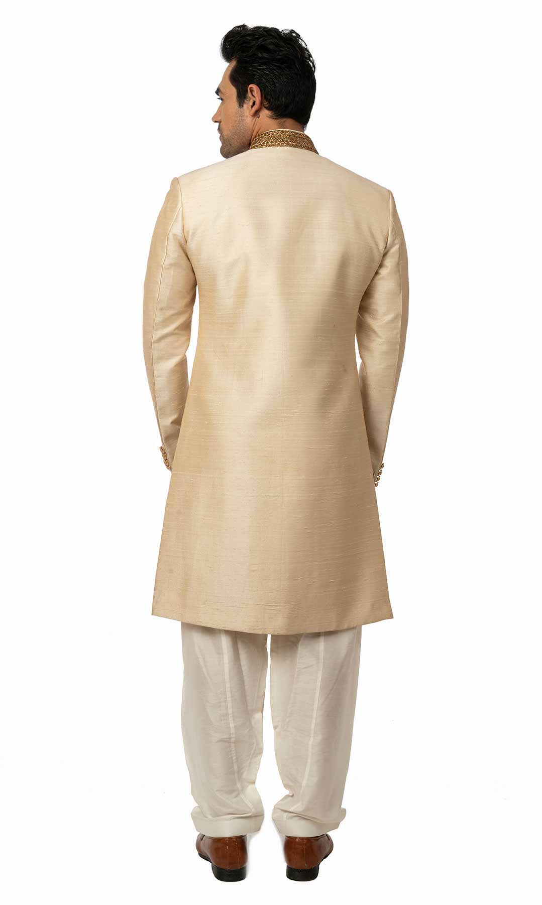 Cream Coloured Angrakha Style Sherwani With Zari Embroidered Collar - Viraaya By Ushnakmals